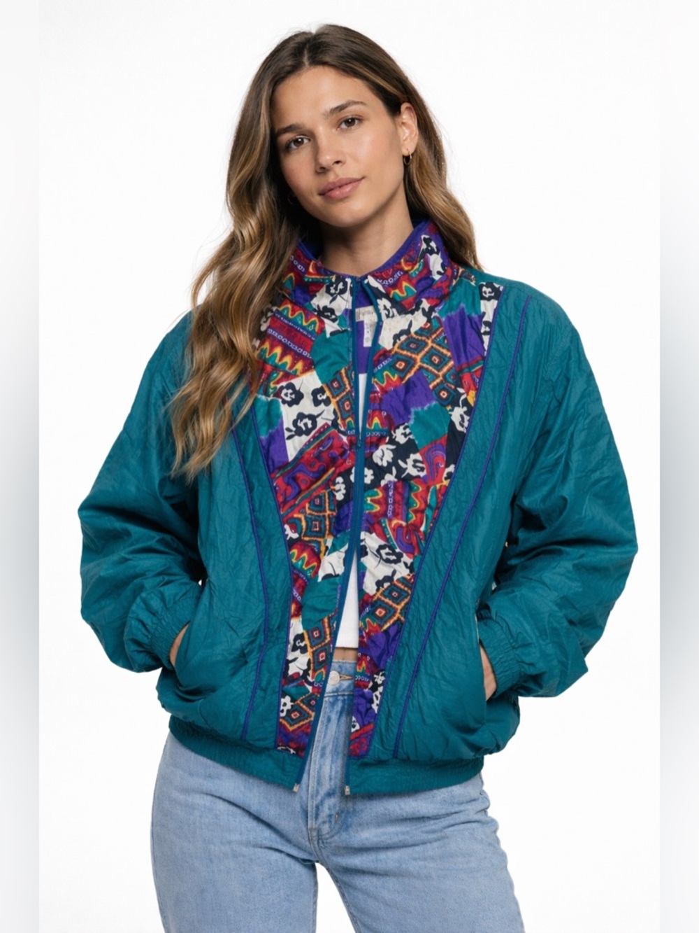 Vintage 90s Colorblock Windbreaker Jacket XL Teal Purple Abstract Nylon Retro